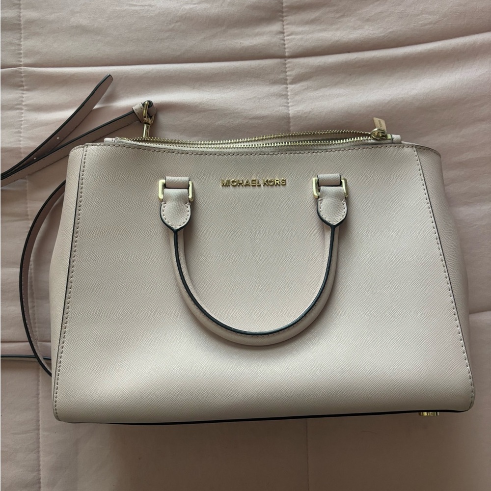 Michael Kors Cream Satchel with Structured Design and Silver Hardware